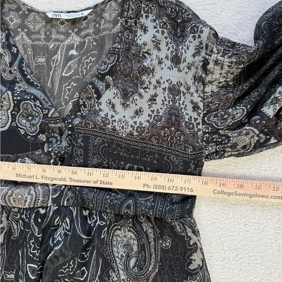 ZARA Boho Paisley Tiered Mini Dress Size M Sheer Long Sleeve Babydoll Tunic - Picture 16 of 16